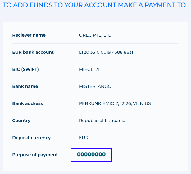 Example of EUR deposit account details